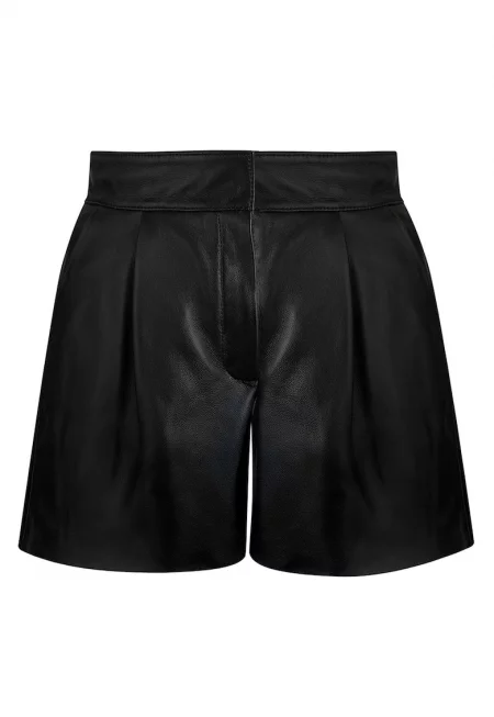 Кожен къс панталон с миди талия - Черен