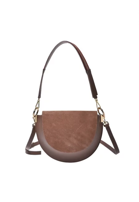 Кожена чанта за рамо с капаче и велур - Кафяв