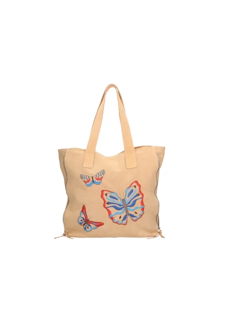 Кожена шопинг чанта с пеперуди - Сиво-кафяв