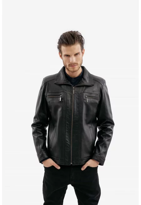 Кожено яке Teo с джобове с цип отпред - Черен