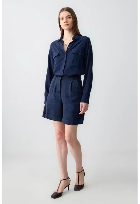 Ленен къс панталон с висока талия - Тъмносин