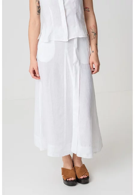 Ленена пола с джобове встрани - Бял