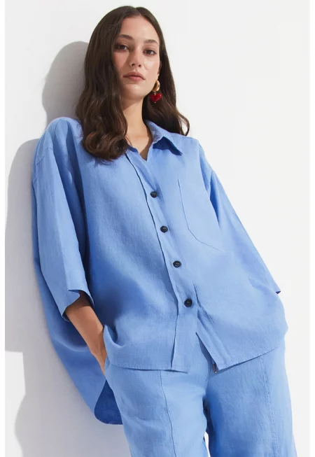 Ленена свободна риза с джоб на гърдите - Пастелносин