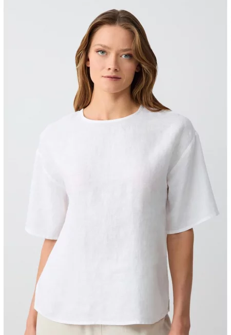 Ленена тениска със свободни ръкави - Бял