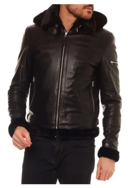 Мъжко яке Isaco - естествена кожа - черно - сваляща се качулка - джобове - XL -