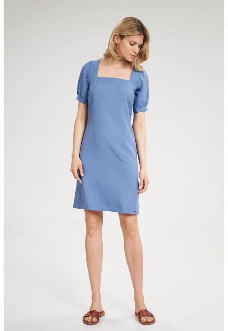 Мини рокля -  синя - квадратно деколте - къс ръкав - полиестер