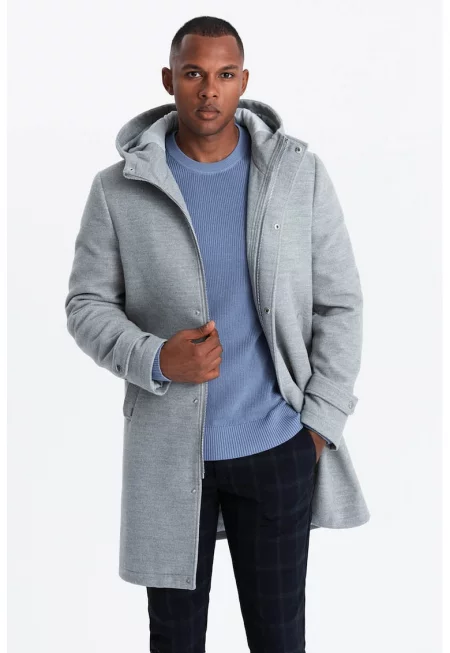 Палто с качулка и цип - Светлосив меланж