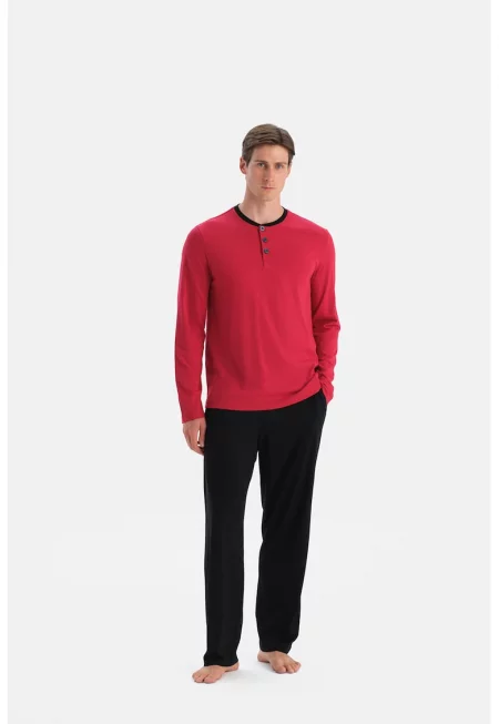 Памучна дълга пижама - Червен - Черен -