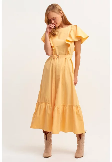 Памучна рокла с набрани ръкави - Светло жълто