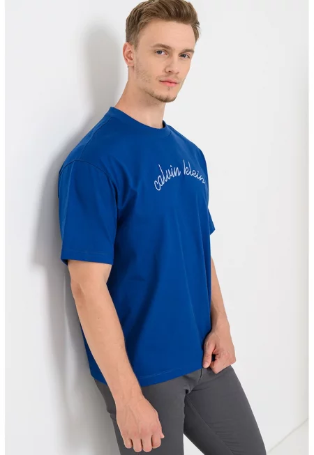 Памучна тениска с бродирано лого и овално деколте