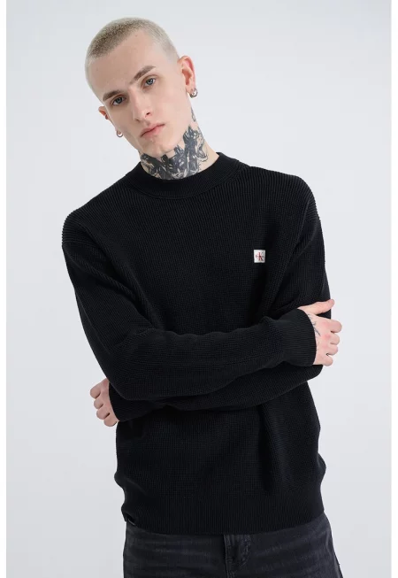 Плетен пуловер с пришито лого - Тъмносин