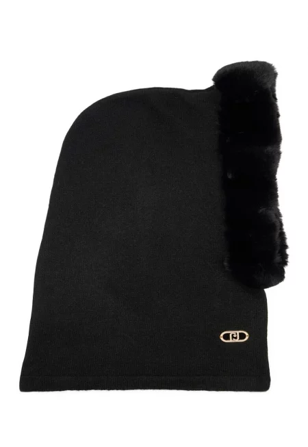 Плетено наметало с мъхести краища - Черен