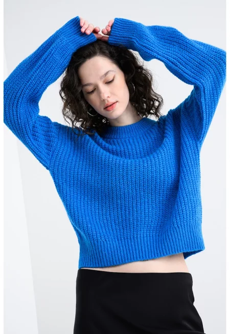 Пуловер с вълна с паднали ръкави - Кралско Синьо