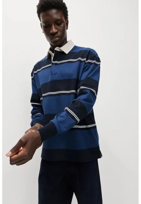 Раирана блуза с яка - Бял/Син