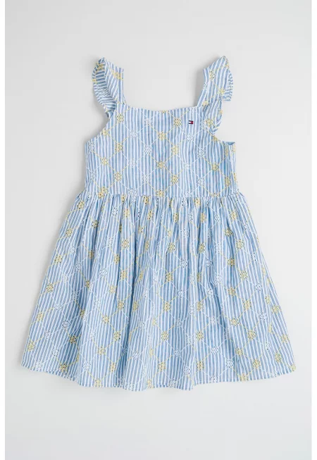 Раирана рокля с бродерии - Бял/Лавандула/Бледожълт