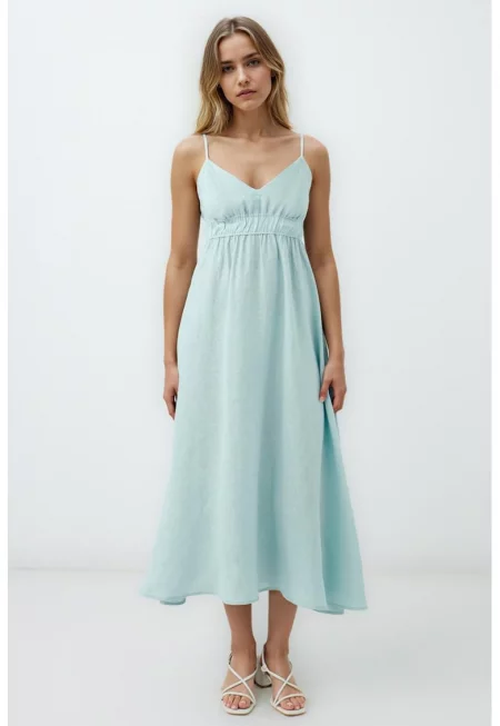 Разкроена ленена рокля - Небесносин