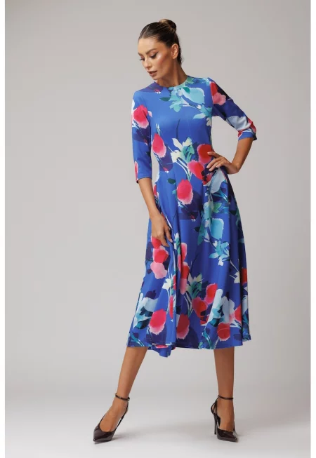 Разкроена рокля с флорален десен - Червен/Кралско Синьо