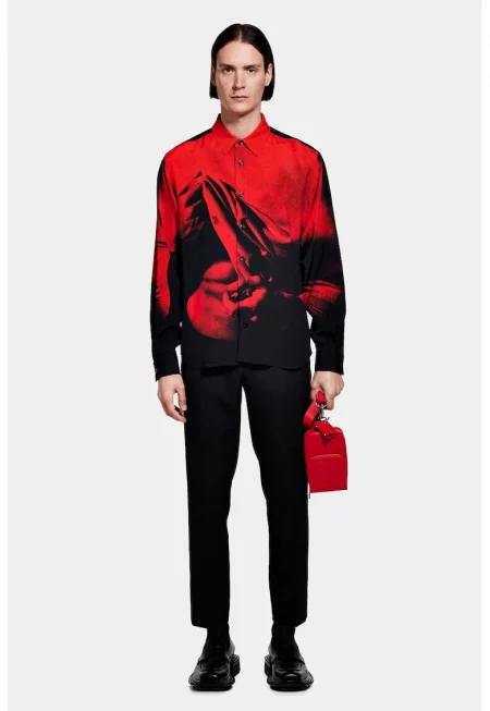 риза с дълъг ръкав - едноцветен принт и черен гръб - Червен