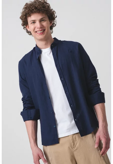 Риза с дълги ръкави и малка овална яка - Тъмносин