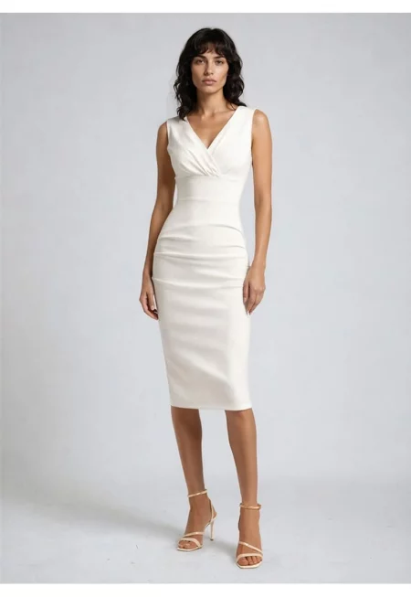 Rochie midi bodycon cu model drapat Anara - Cлонова кост