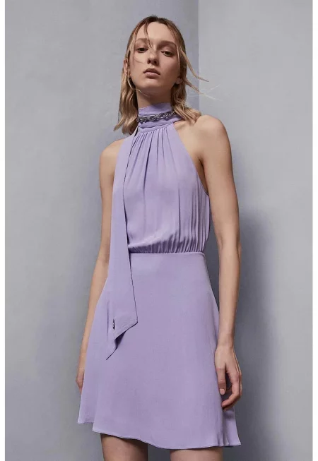 Rochie mini fara maneci cu inchidere la spate cu funda - Лилав