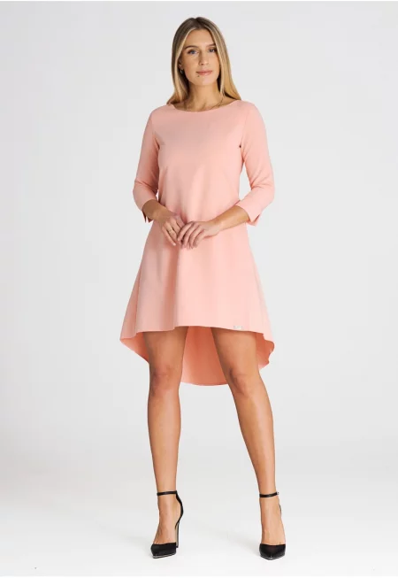 Рокля  асиметрична - 3/4 ръкав - розова - полиестер