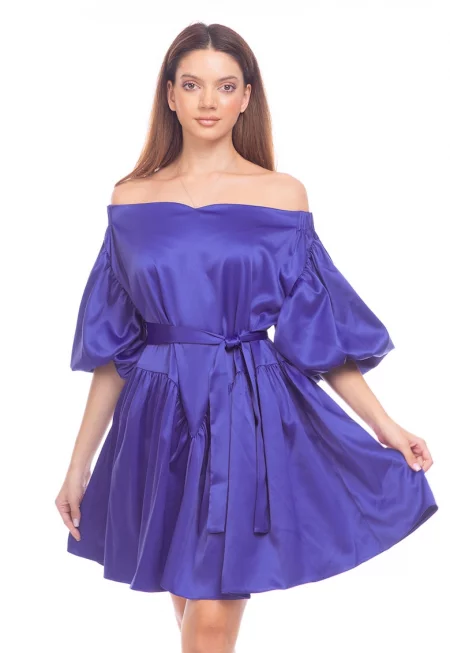 Рокля с голи рамене и колан - Кралско Синьо