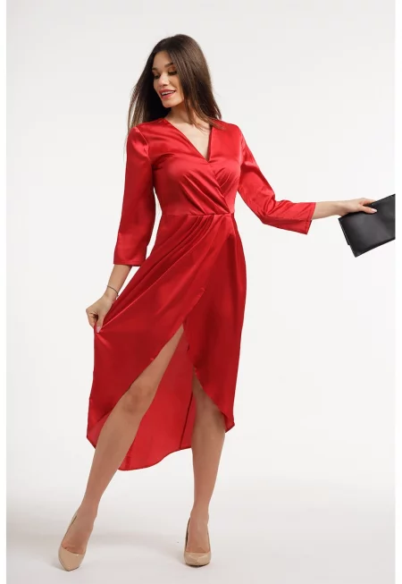 Сатинирана рокля с шпиц - Аленочервен