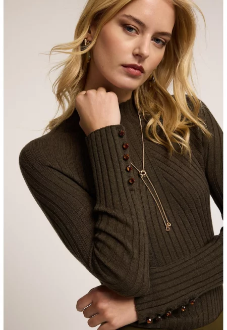 Слим пуловер с вълна - Каки