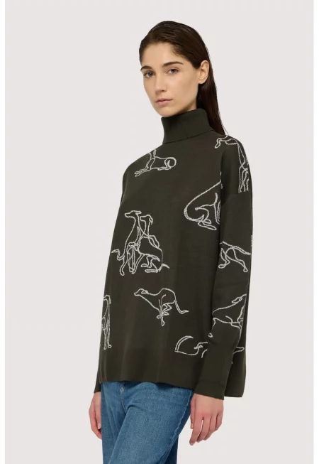 Свободен пуловер с вълна и поло - Бял/Тъмно каки