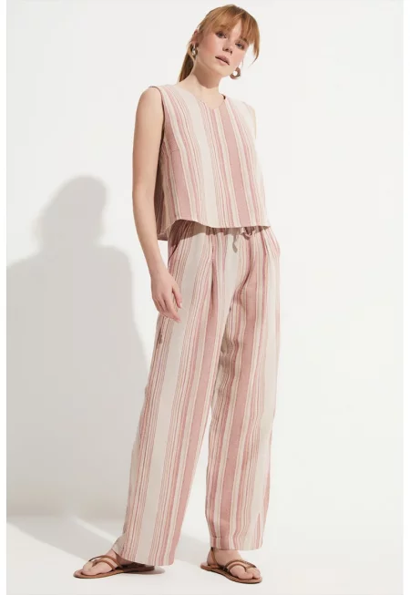 Свободен топ на райе и панталон - Червен/Бежов