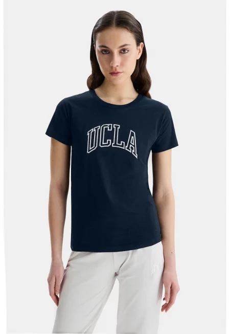 Тениска Angela с овално деколте и лого - Тъмносин