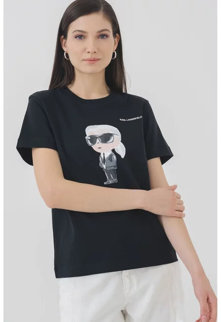 Тениска от органичен памук и шарка - Бял/Черен