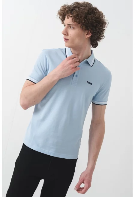 Тениска Paddy от памучно пике с яка - Бял/Пастелносин