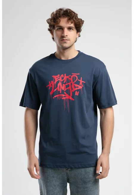 Тениска с лого и паднали ръкави - Червен/Тъмносин