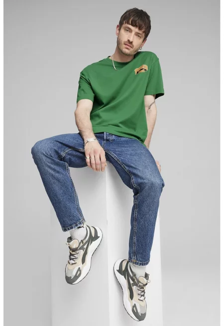 Тениска с овално деколте и принт на гърба - Зелен/Оранжев