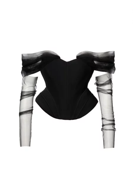 Bendetto Atelier - Корсет с полупрозрачни мрежести ръкави - Черен