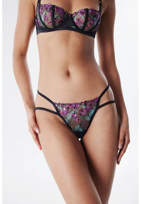 Бикини с флорални бродерия - Черен/Розово/Светлосин
