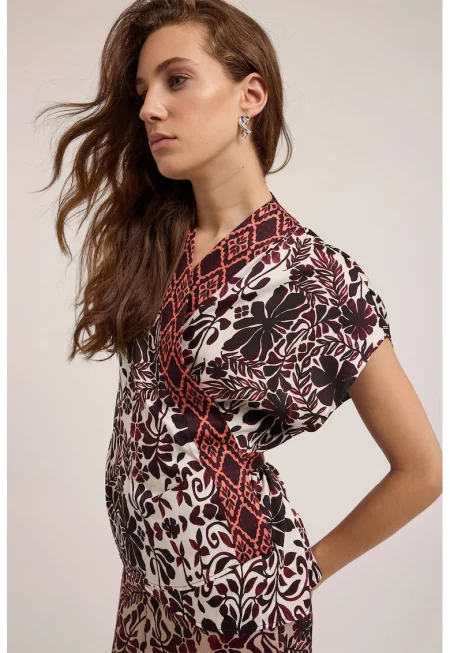 Блуза с къси ръкави и застъпено деколте - Кафяв/Бежов