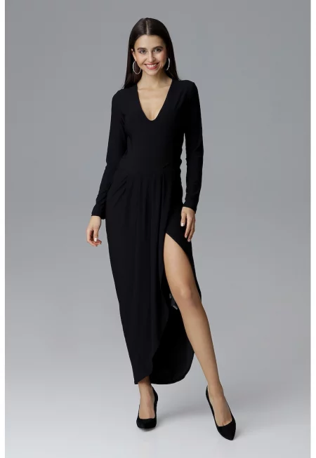 Черна елегантна макси рокля -  V-образно деколте - дълъг ръкав - полиестер -