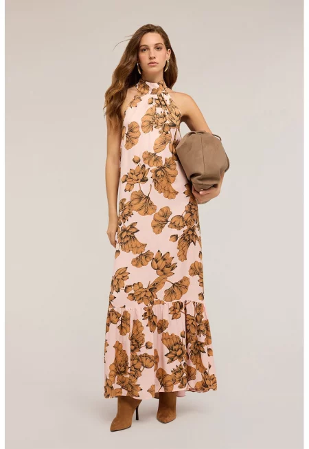 Дълга флорална рокля - Черен/Карамел/Бледо розово