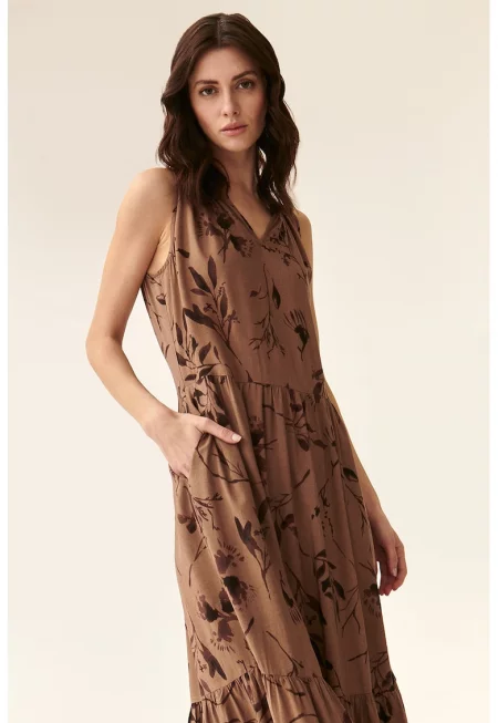Дълга рокля с флорален десен - Кафяв