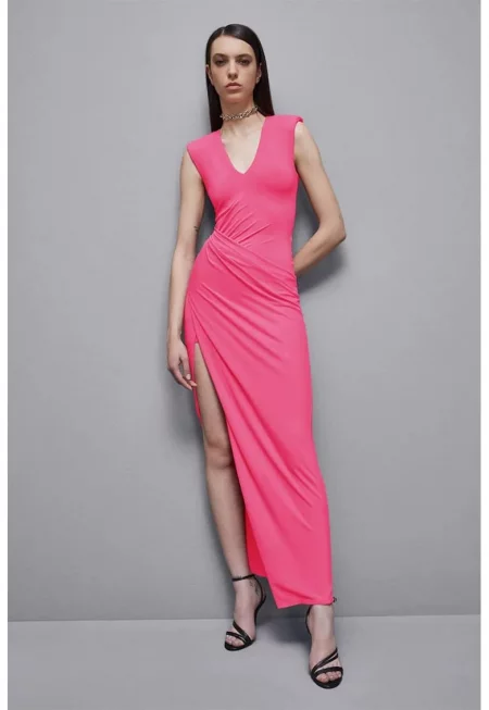 Дълга рокля със странични драперии - Розово