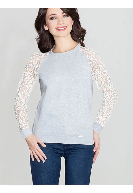 Дамска блуза - Ленитиф - дантелени ръкави - сива - памук