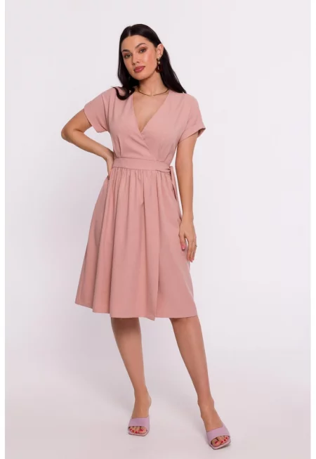 Дамска рокля - трапецовидна с V деколте - Полиестер - Черна - Розово