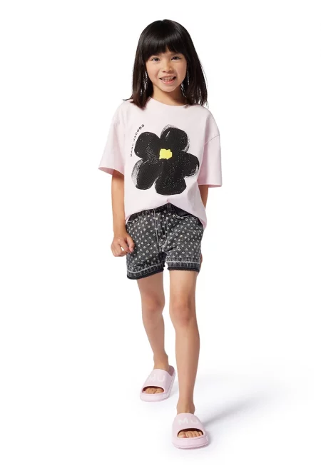 Дънков къс панталон с декоративни камъни - Бял/Жълт/Tъмносив