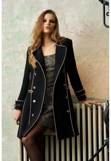 Двуредово палто от туид - Черен