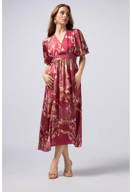 Флорална рокля с къси ръкави - Червен/Бледожълт