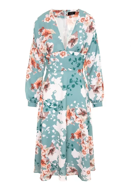 Флорална рокля с вискоза - Бял/Керемидено червено/Петролно синьо