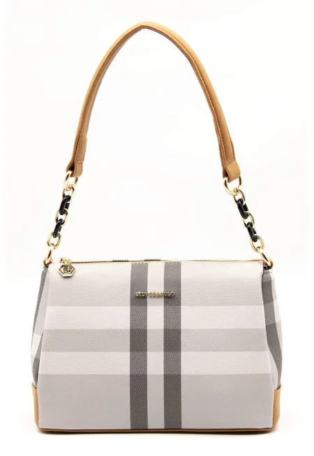Карирана чанта за рамо - Светло сив/Канелено кафяво